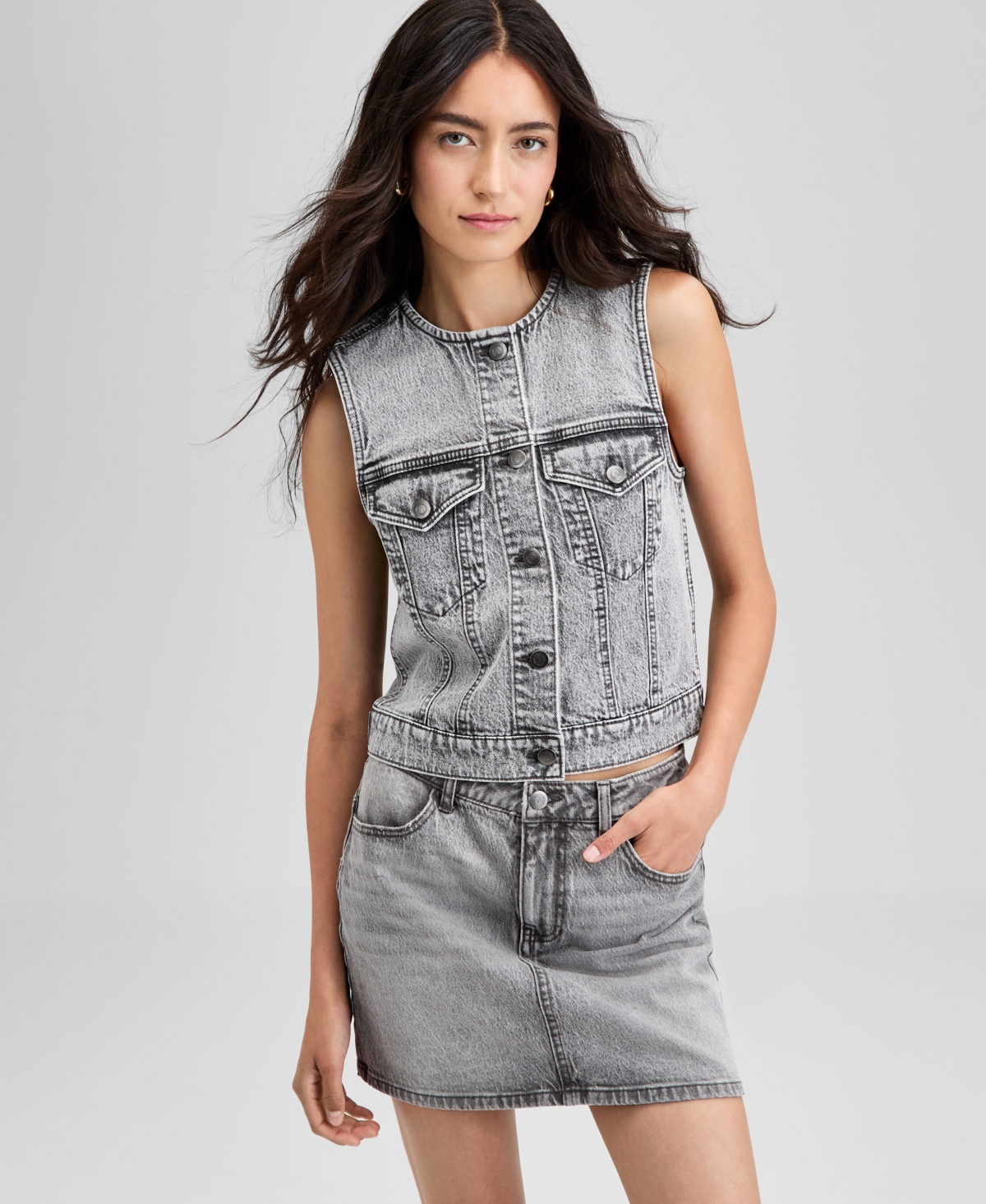 Women's Button-Front Denim Vest, Exclusively at Macy's - Light Grey Wash