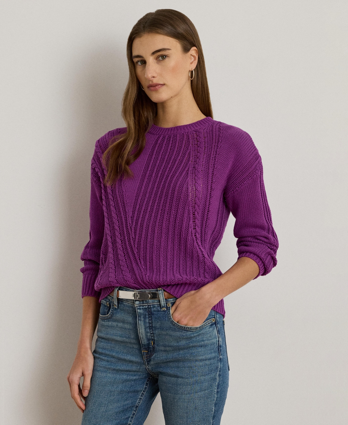 Women's Pointelle-Knit Cotton Crewneck Sweater - Purple Dawn