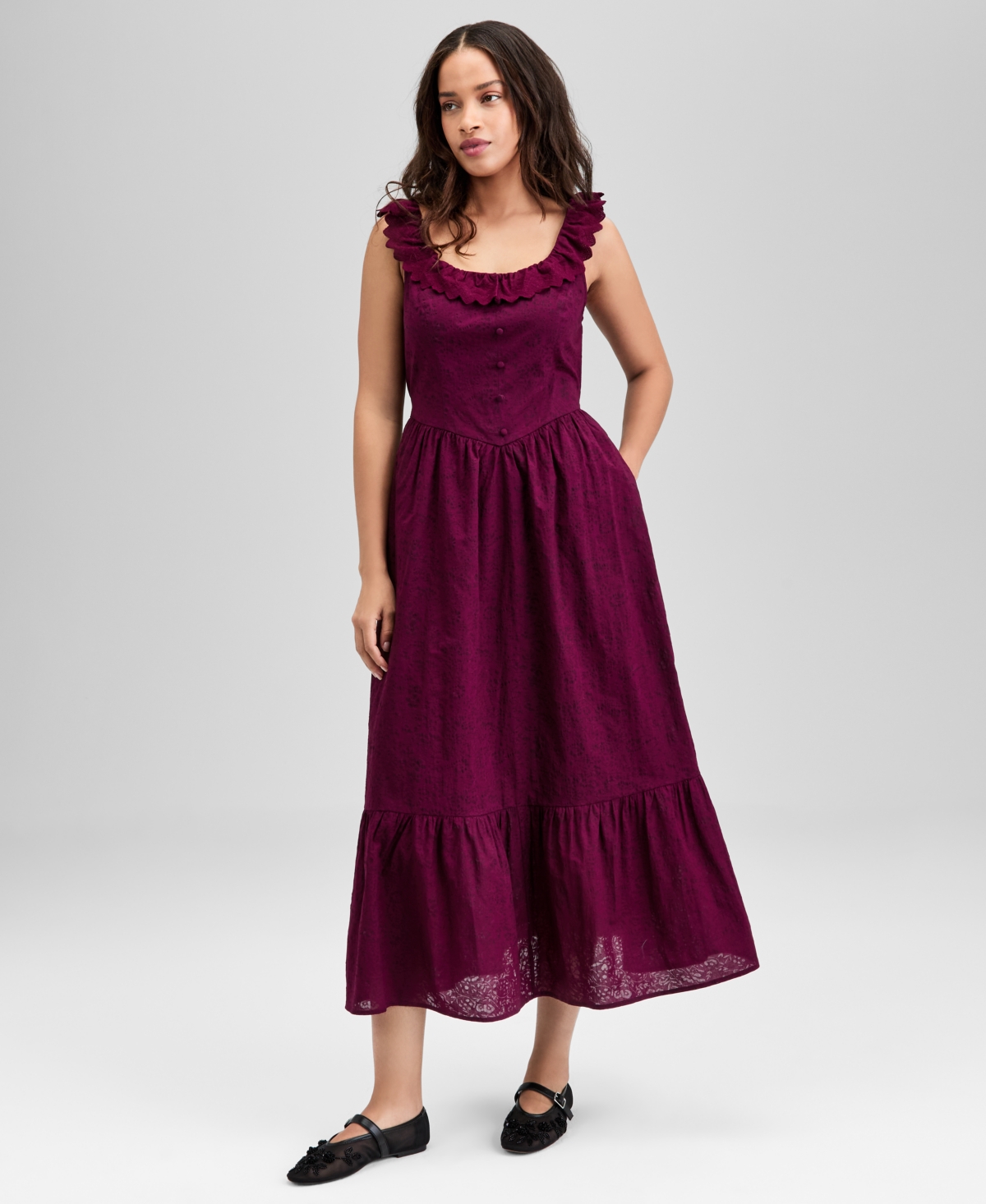 And Now This Women's Cotton Ruffle-trim Scoop-neck Voile Maxi Dress, Exclusively At Macy's In Burgundy