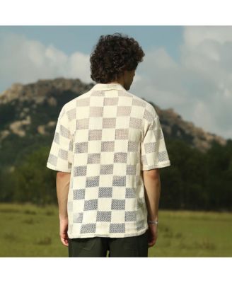 Men's Saltbox Beige Grid Oversized Polo T-Shirt