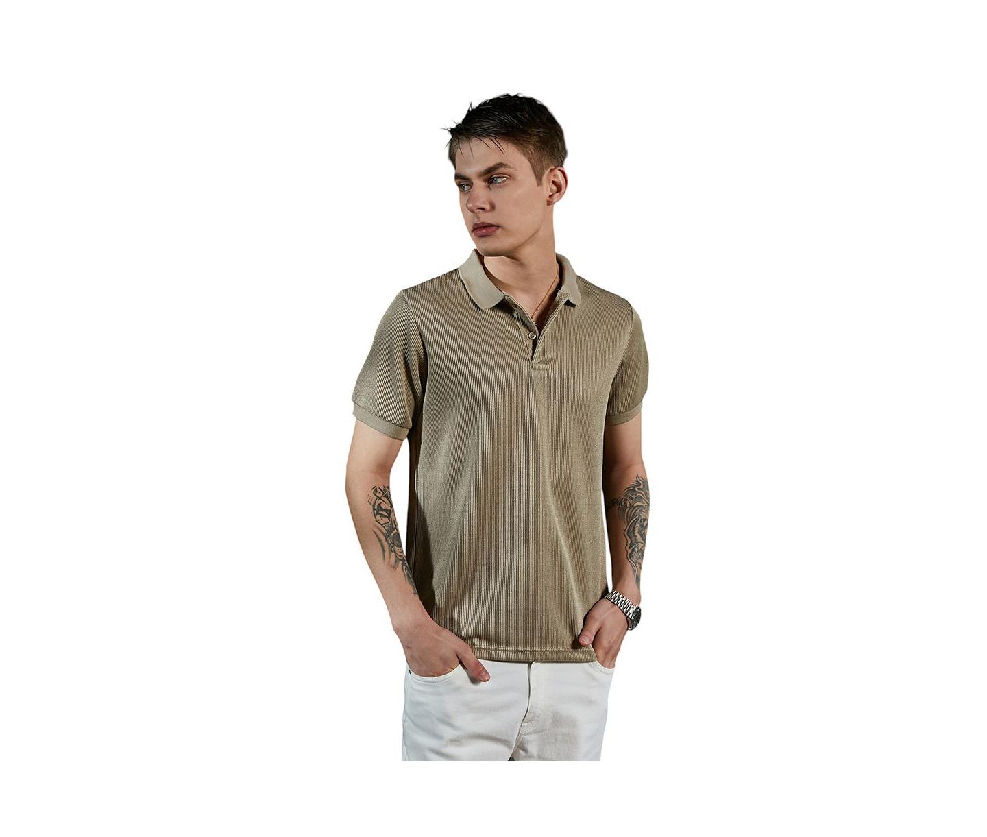 Мужская футболка Cahoot Campus Sutra Camel Beige Solid Ribbed Polo, цвет: Бежевый / Хаки — фото 1