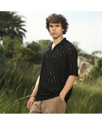 Men's Onyx Black Honeycomb-Knit Polo T-Shirt