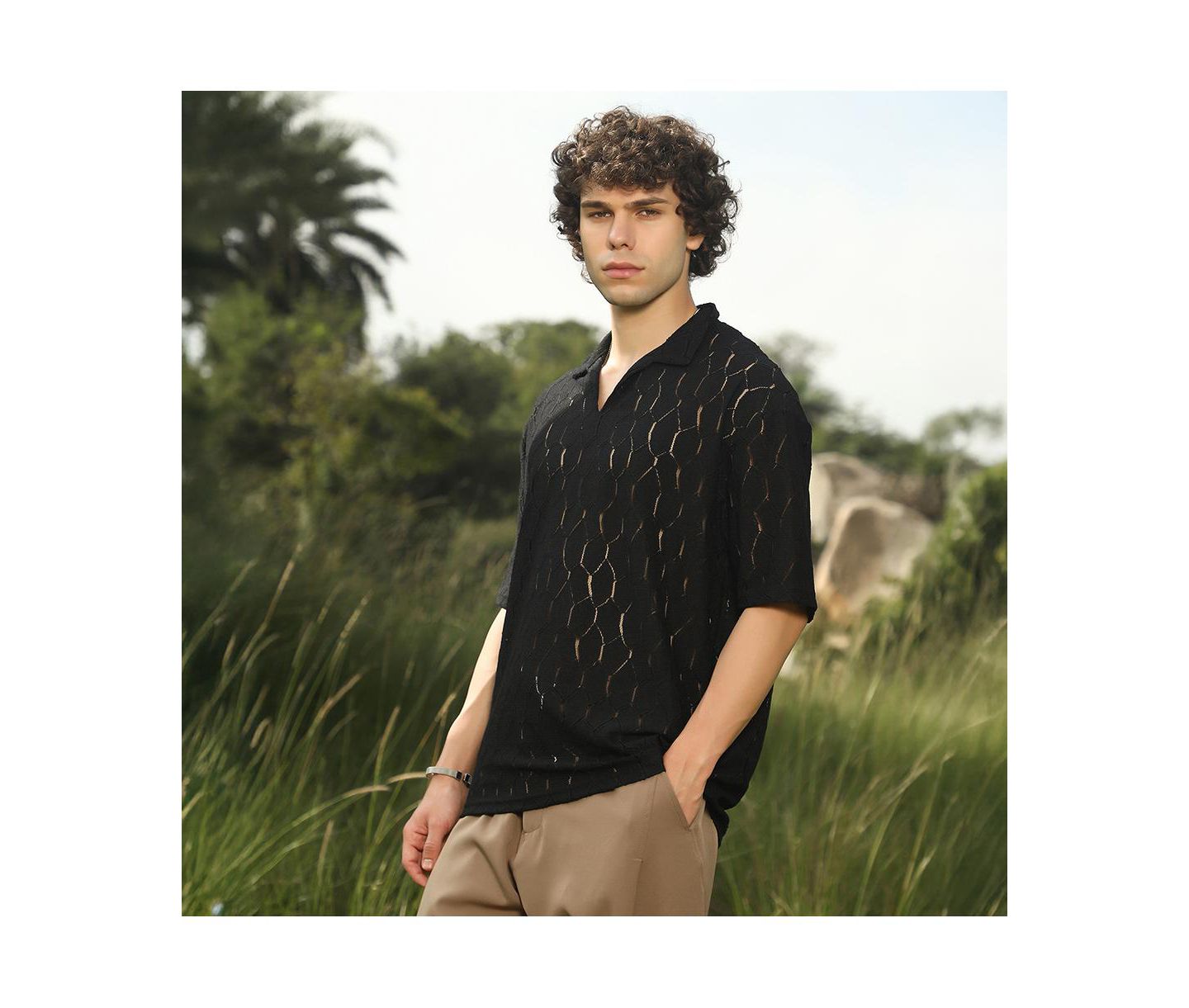 Мужская футболка Cahoot Campus Sutra Onyx Black Honeycomb-Knit Polo, цвет: Чёрный — фото 4