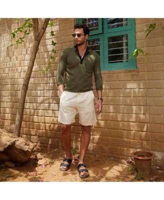 Men's Olive Green & Obsidian Black Textured Cuban Polo T-Shirt