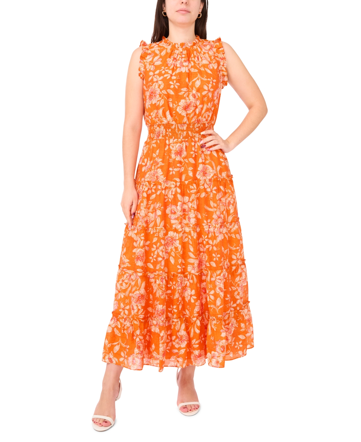 Petite Ruffle-Neck Smocked-Waist Maxi Dress - Coral Multi