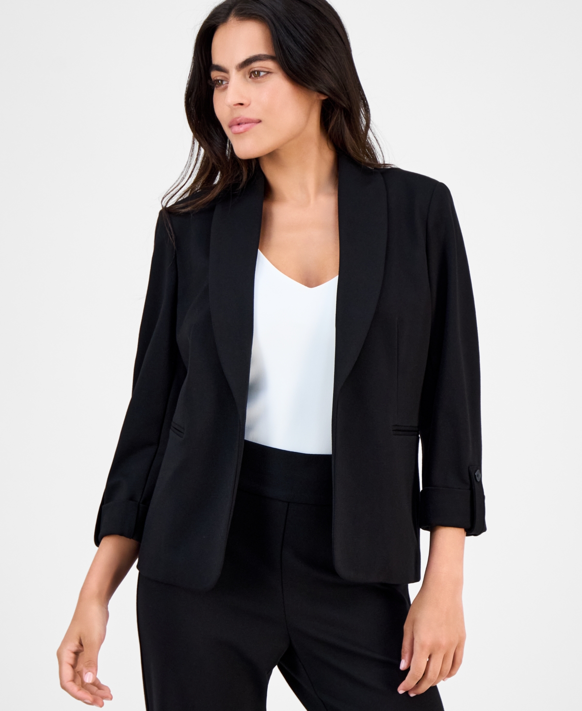 Petite Shawl-Collar Open-Front Jacket - Anne Black