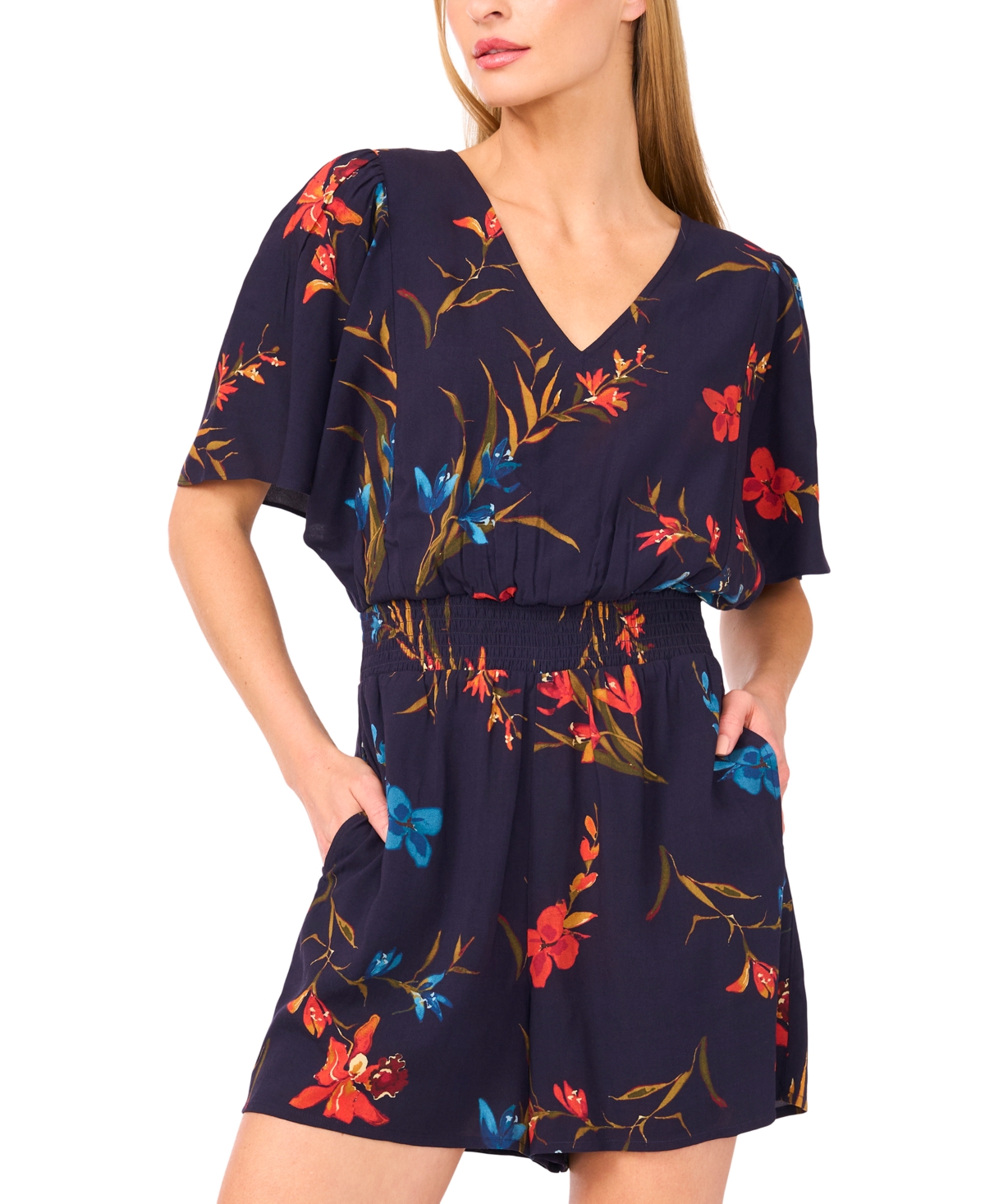 Cece Women's V-neck Smocked-waist Flutter-sleeve Romper