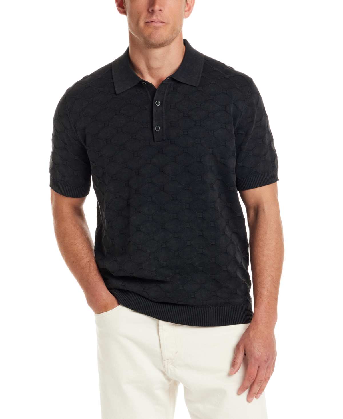 Men's Short Sleeve Diamond-Pattern Polo Sweater - Black