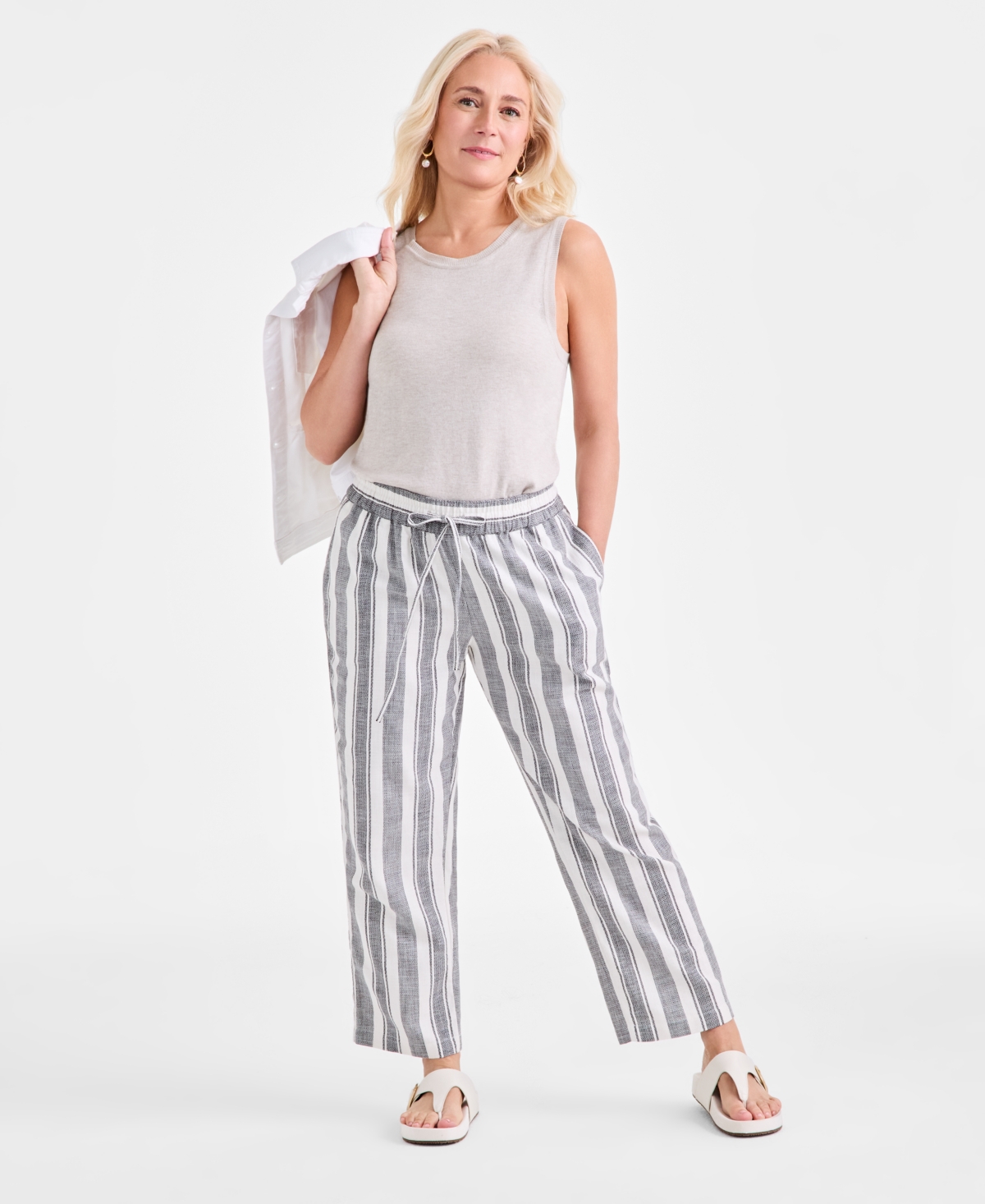 Petite Phoebe Cotton Striped Pants, Exclusively at Macy's - Antique White