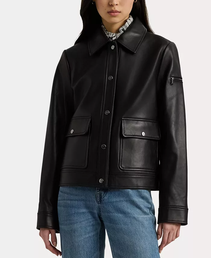 Women's Buttoned Leather Jacket - thumbnail 3