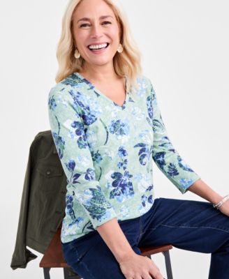 Women's Printed 3/4-Sleeve V-Neck Knit Top