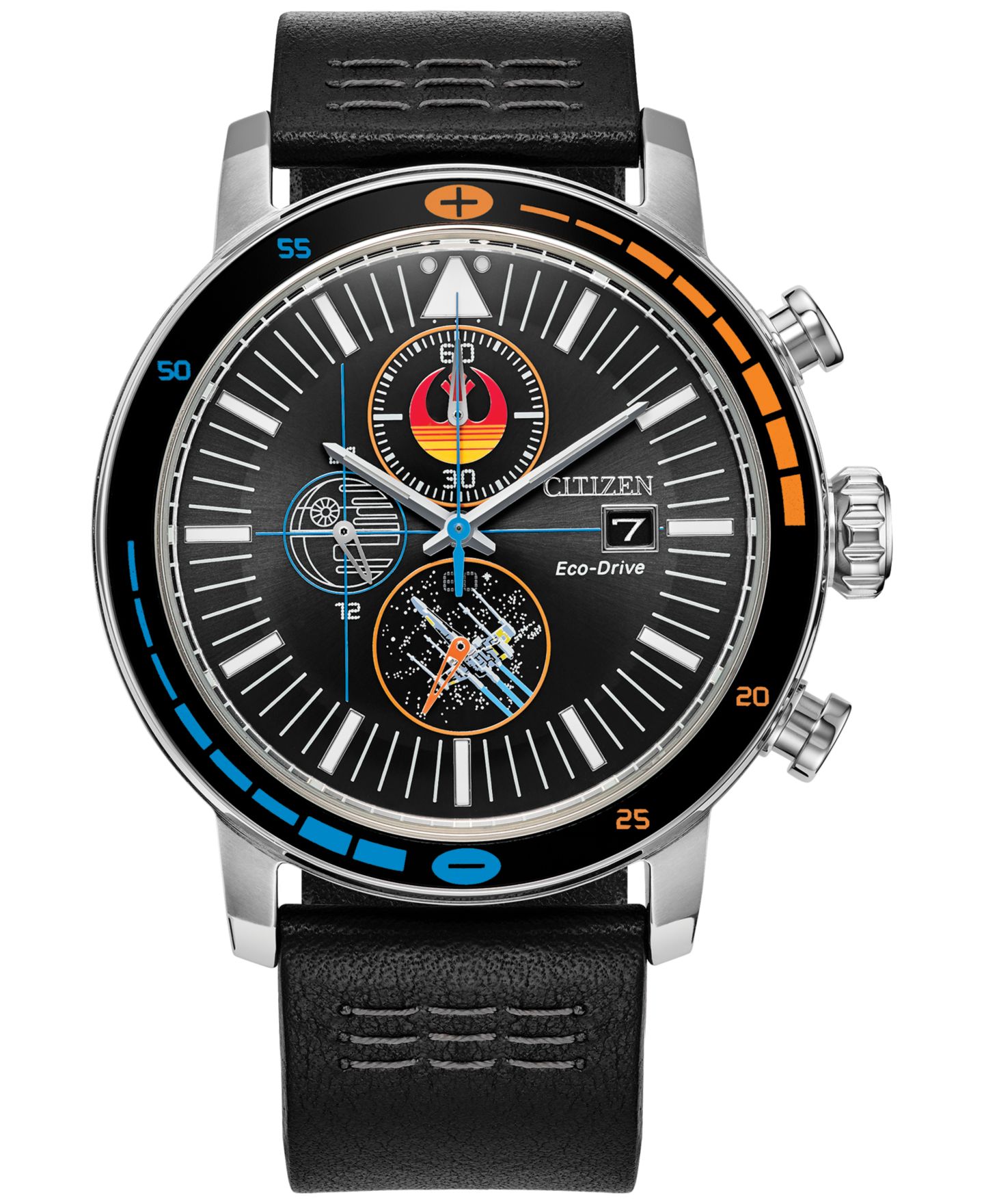 Мужские часы Citizen Eco-Drive Chronograph Star Wars Rebel Starfighter Black Leather Strap Watch 44mm Box Set — фото 1