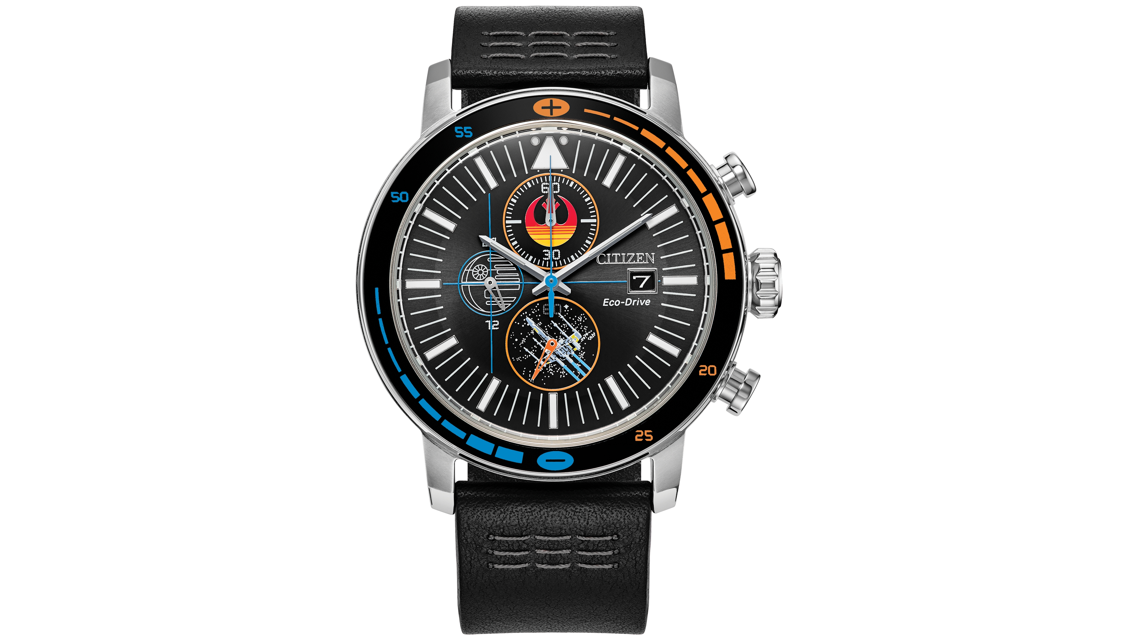 Citizen Eco-Drive Men's Chronograph Star Wars Rebel Starfighter Black Leather Strap Watch 44mm Box Set