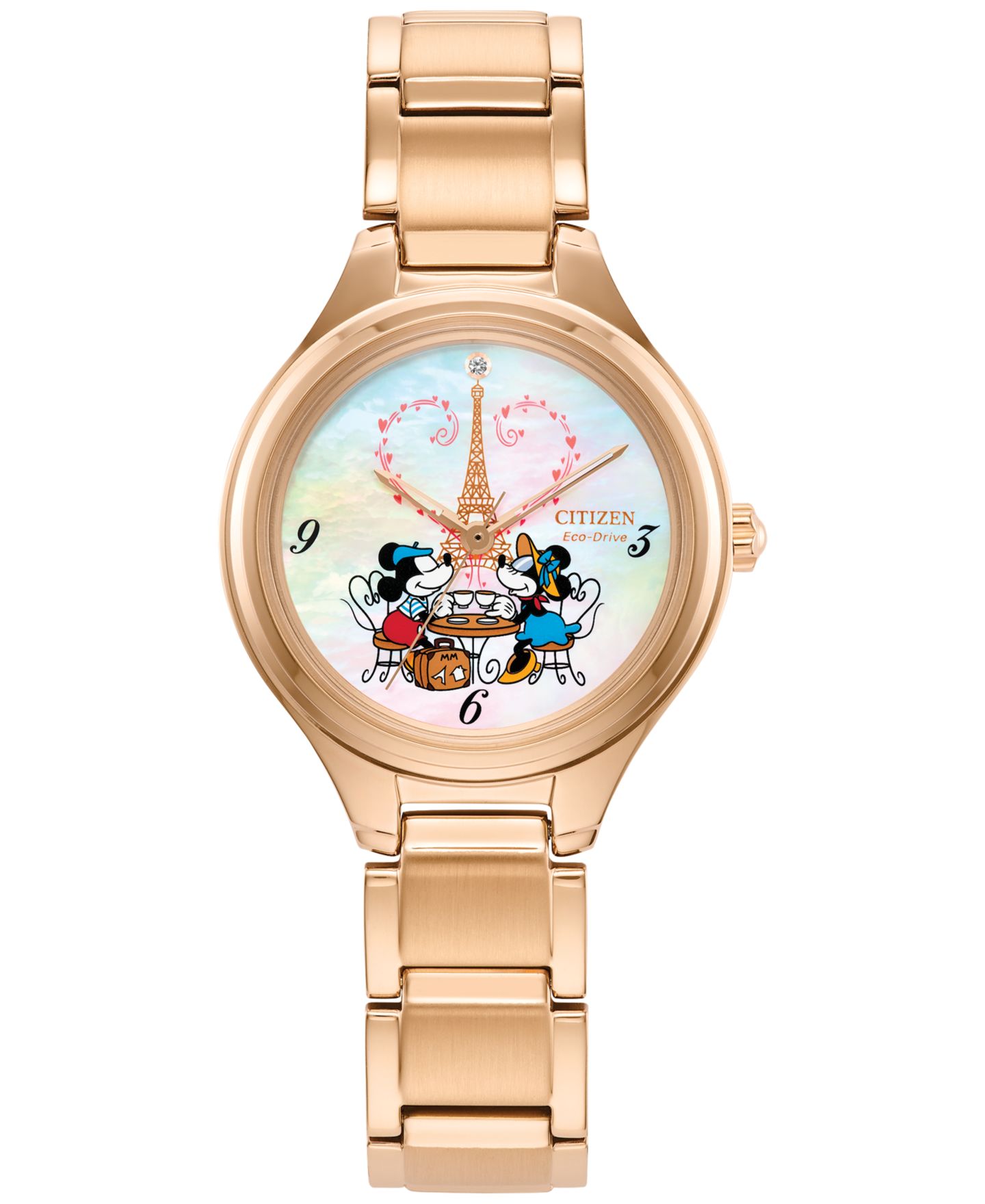 Женские часы Citizen Eco-Drive Disney Mickey & Minnie Take Paris Rose Gold-Tone Stainless Steel Bracelet Watch 29mm — фото 1
