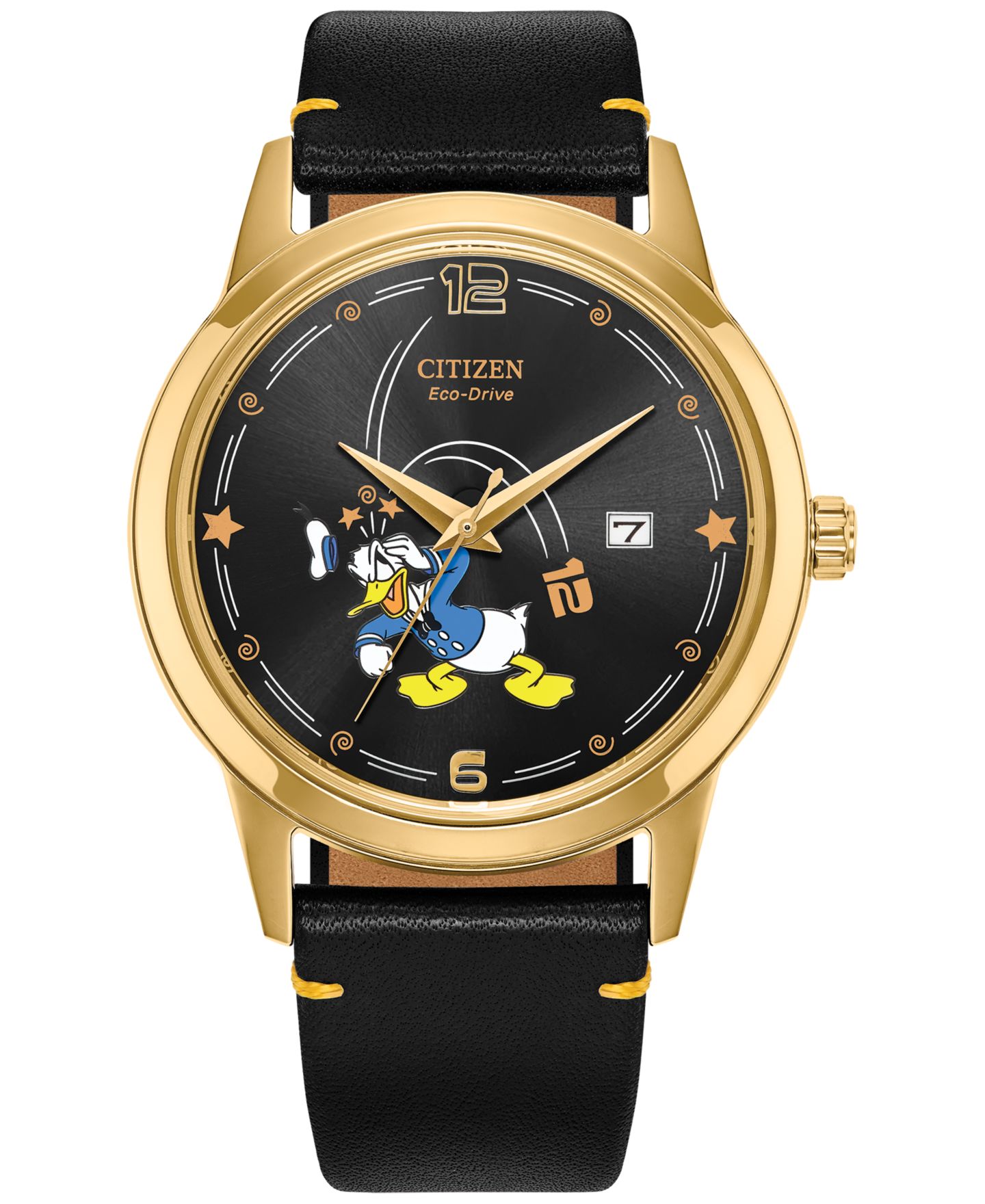 Мужские часы Citizen Eco-Drive Disney Donald Duck Seeing Stars Black Leather Strap Watch 40mm — фото 1