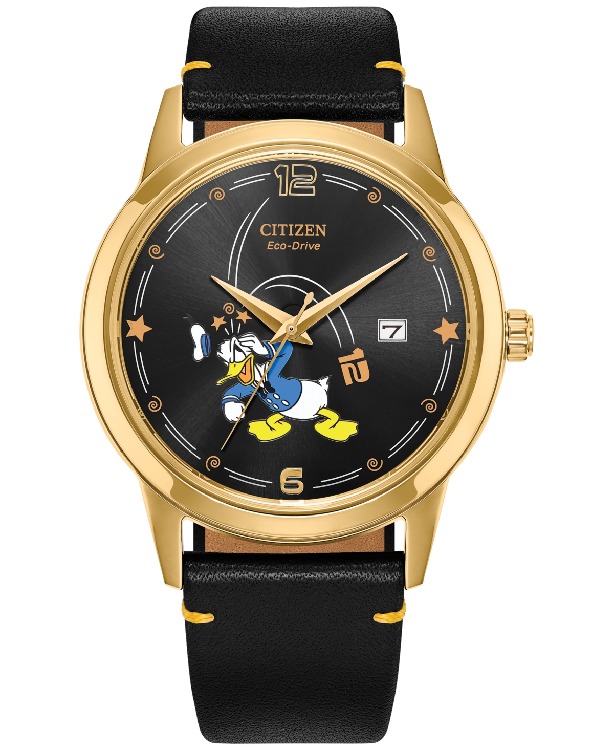 Eco-Drive Men's Disney Donald Duck Seeing Stars Black Leather Strap Watch 40mm - Black