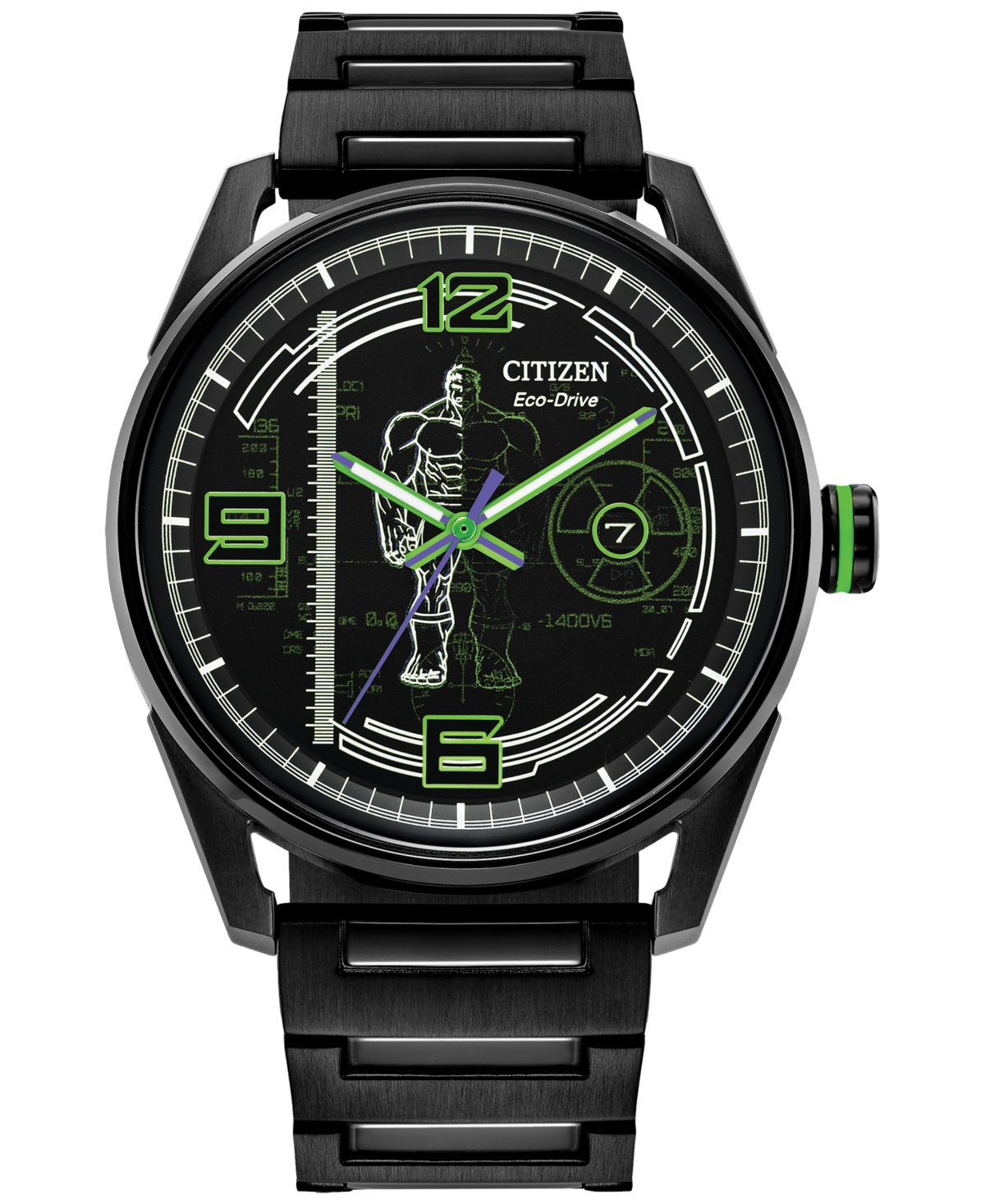 Eco-Drive Men's Marvel Hulk Green Goliath Black-Tone Stainless Steel Bracelet Watch 42mm - Black