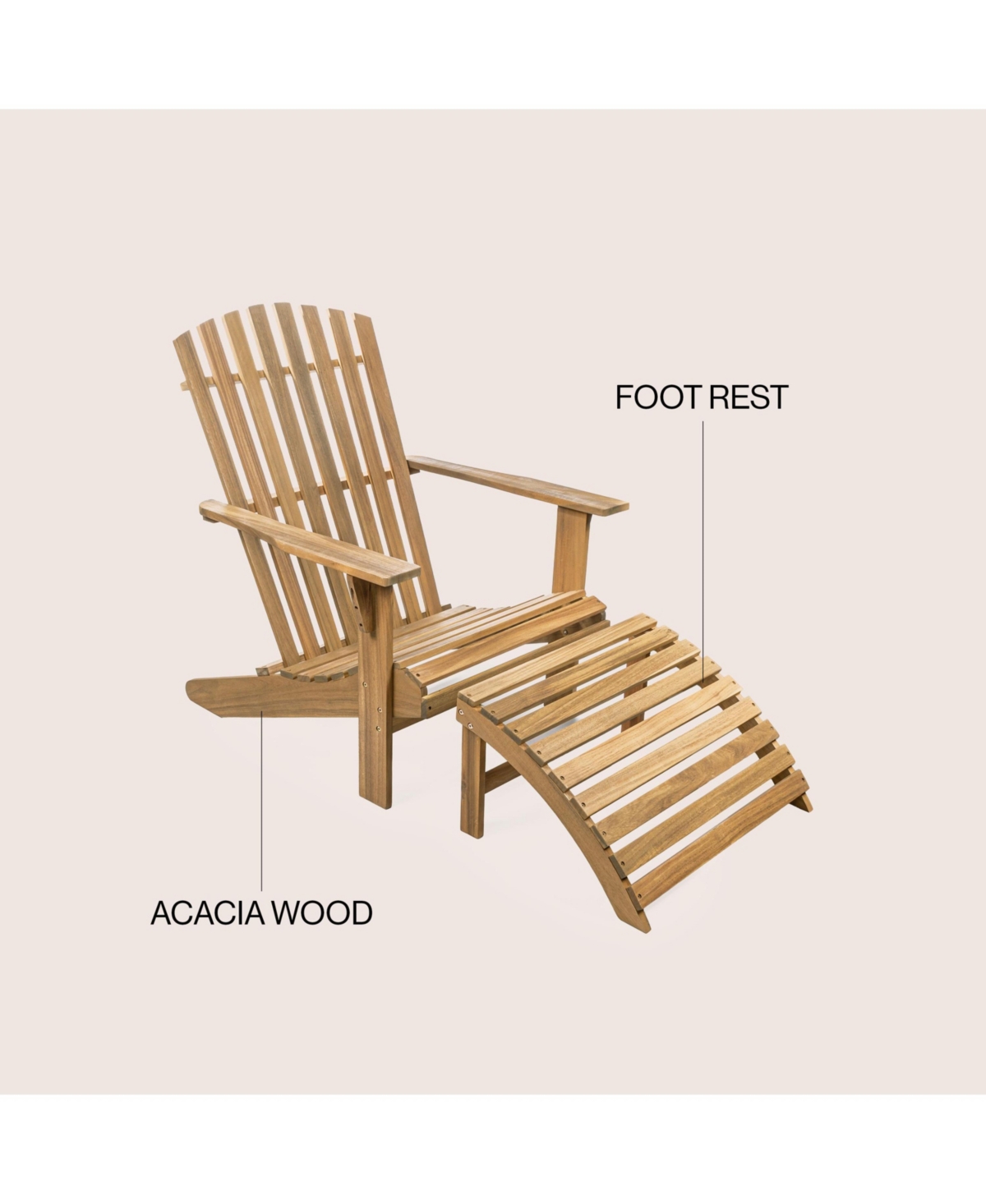 Saranac 2-Piece Traditional Rustic Acacia Wood Adirondack Chair with Detachable Ottoman, Cashmere Blue