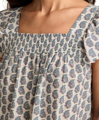 Women's Square-Neck Smocked Cotton Peasant Top