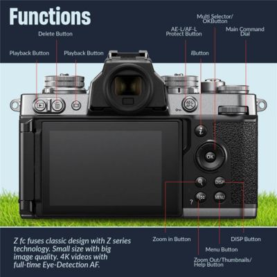 Z fc DX-Format Mirrorless Camera, Silver, Bundle with FTZ II Mount Adapter, Zoom-Mini TTL R2 Flash, 64GB Memory Card, Bag