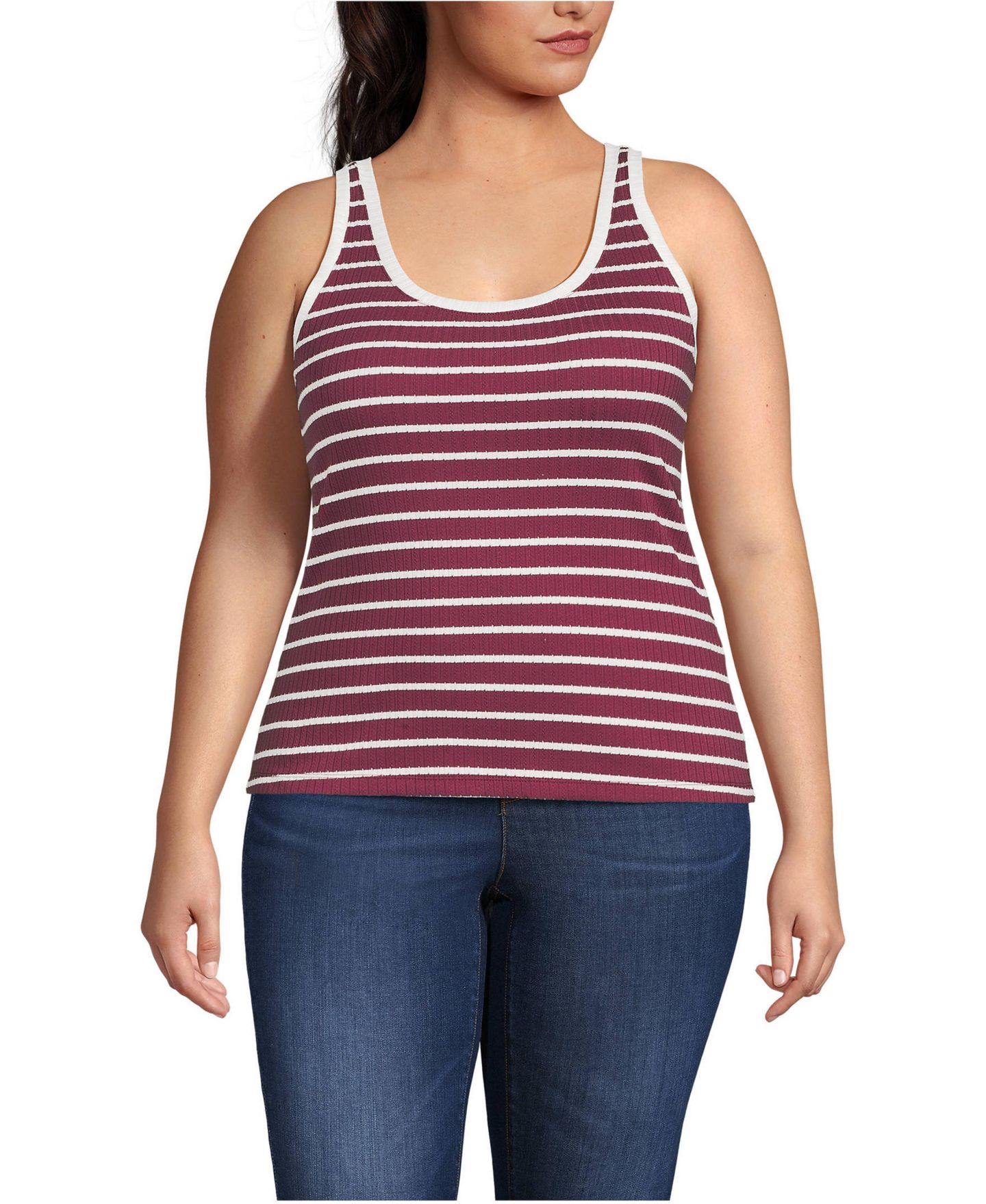Женский топ Lands' End Plus Size Pointelle Rib UNeck, цвет: Бордовый / Слоновая кость полосатый — фото 1
