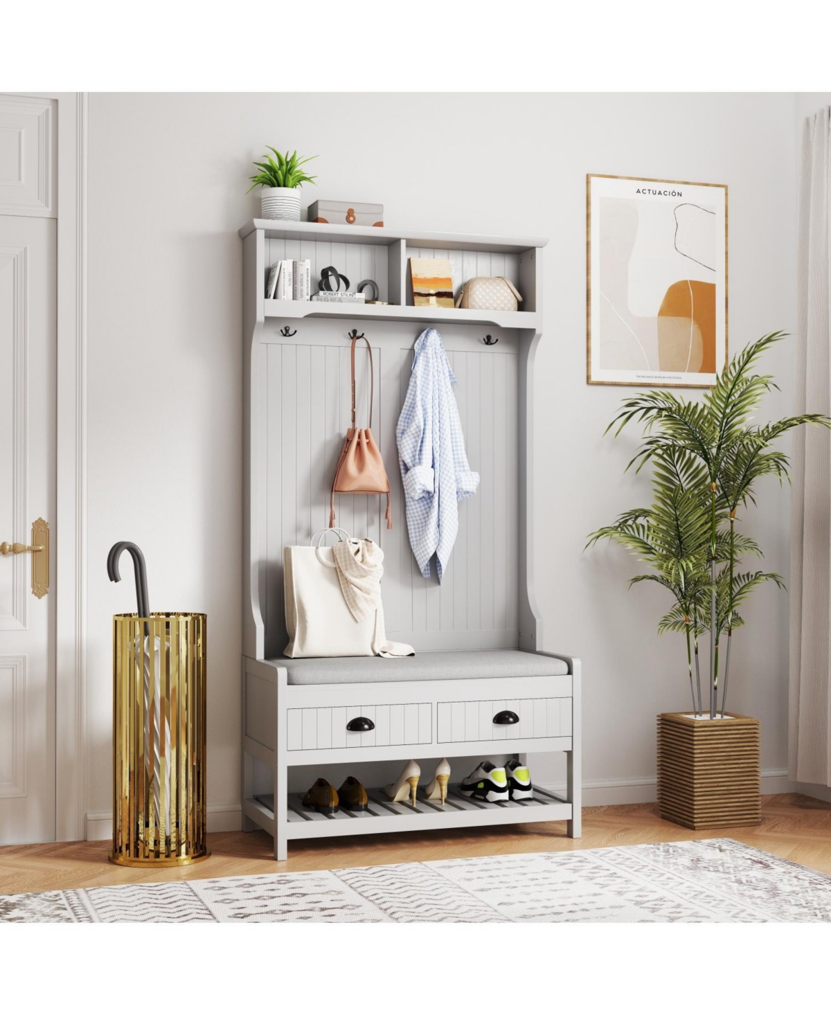 Hall Tree with Storage, Bench, & Coat Rack (Grey) - Grey