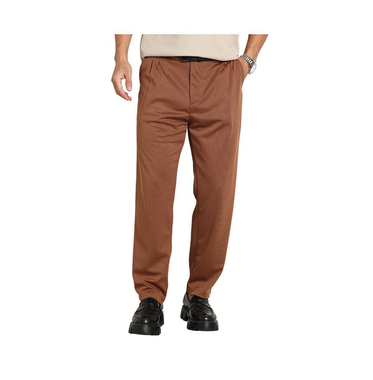 Men's Russet Brown Micro-Check Chino Trousers - Brown