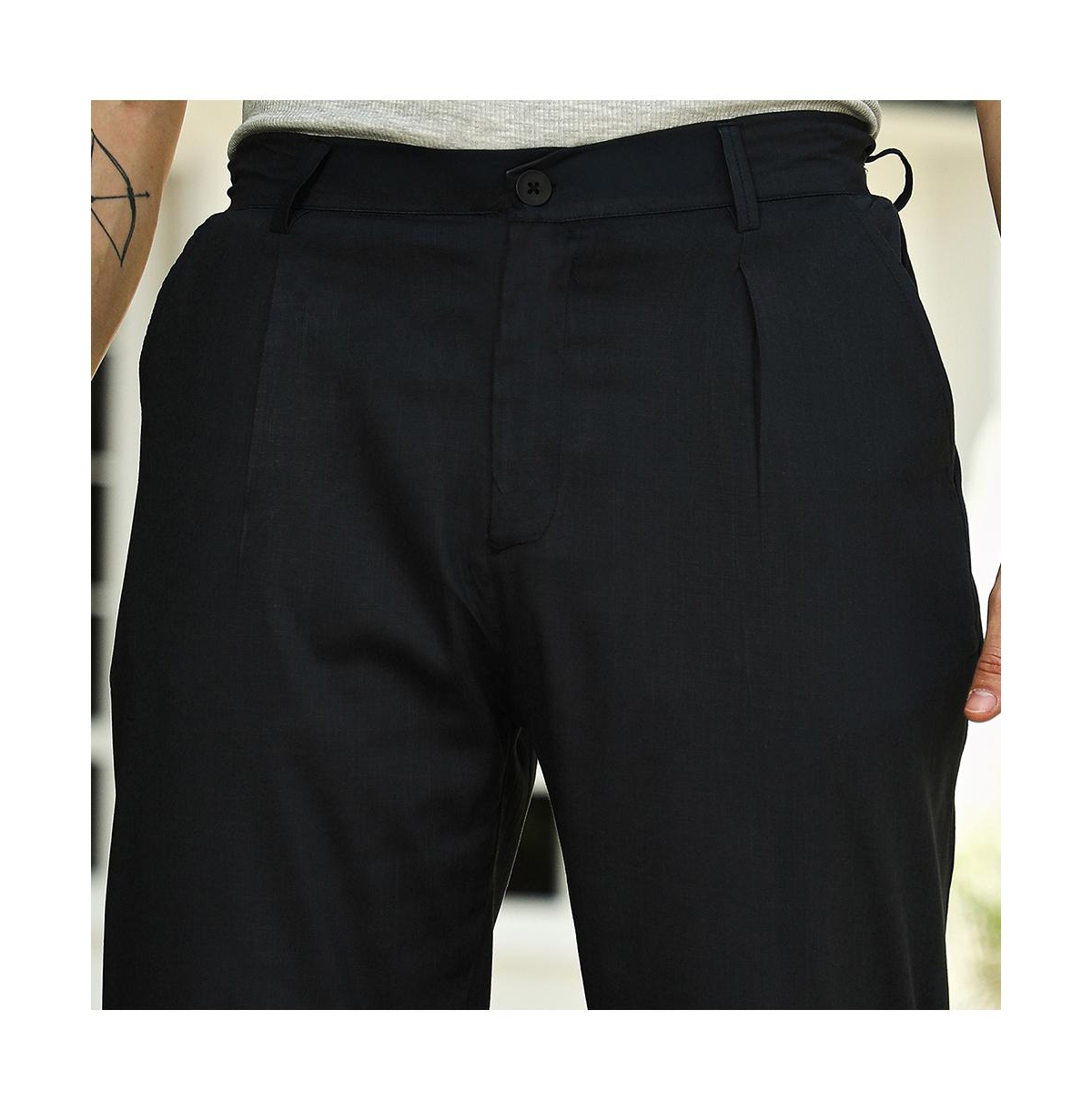 Campus Sutra Men's Midnight Black Linen-blend Tapered Trousers