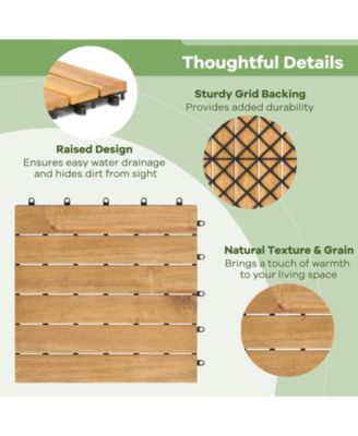 30 PCS Acacia Wood Flooring Tiles 12" x 12" Snap-in-place Patio Tiles for Porch