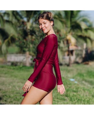 Women's Avery 2-Piece Long Sleeve Wrap Swim Set With Reversible Top and Tummy Control Shorts