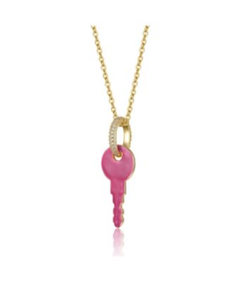 14K Gold Plated with Pink Enamel & Clear Cubic Zirconia Key Pendant Necklace
