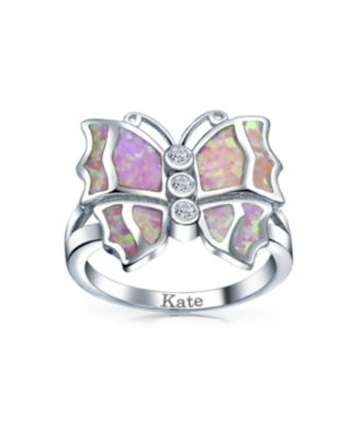 Elegant CZ Accent Cubic Zirconia Pink Created Opal Butterfly Ring .925 Sterling Silver