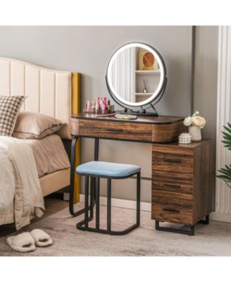 2-Pc. Wood 3-Color Lighted Mirror Vanity Table Set with Charging Station