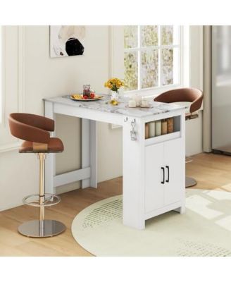 Bar Table Faux Marble Pub Table with 7 Hanging Hooks Compartment