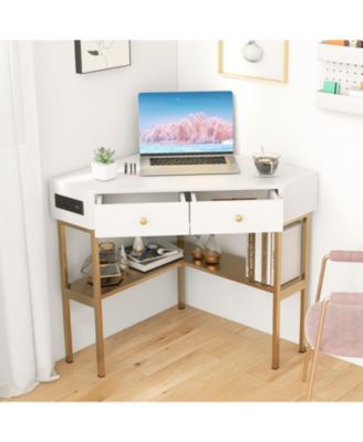 Space Saving Corner Computer Desk with 2 Large Drawers
