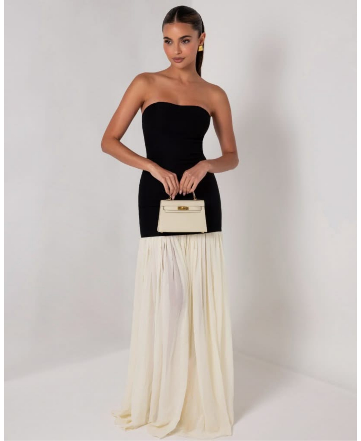 Women's Strapless Cream Chiffon Maxi Dress - Black