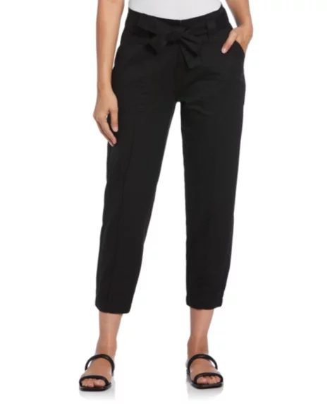 Petite Twill Crop Pants with Removable Tie Belt - Black