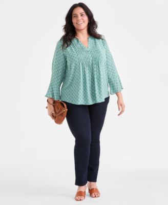 Plus Size Printed V-Neck Ruffle-Cuff Blouse, Exclusively at Macy's 