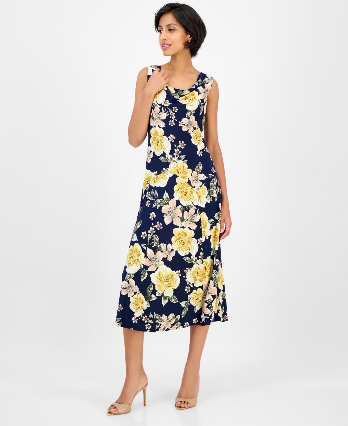 Women's Sleeveless Cowl-Neck Midi Dress - Navy/yellow