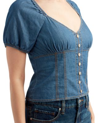 Juniors' Denim Puff-Sleeve Sweetheart-Neck Top