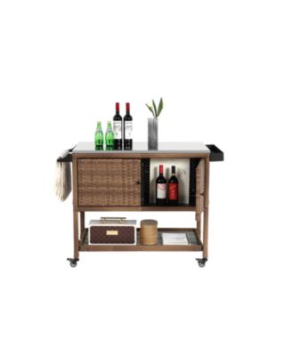 Wicker Bar Cart with Glass Top & Wheels