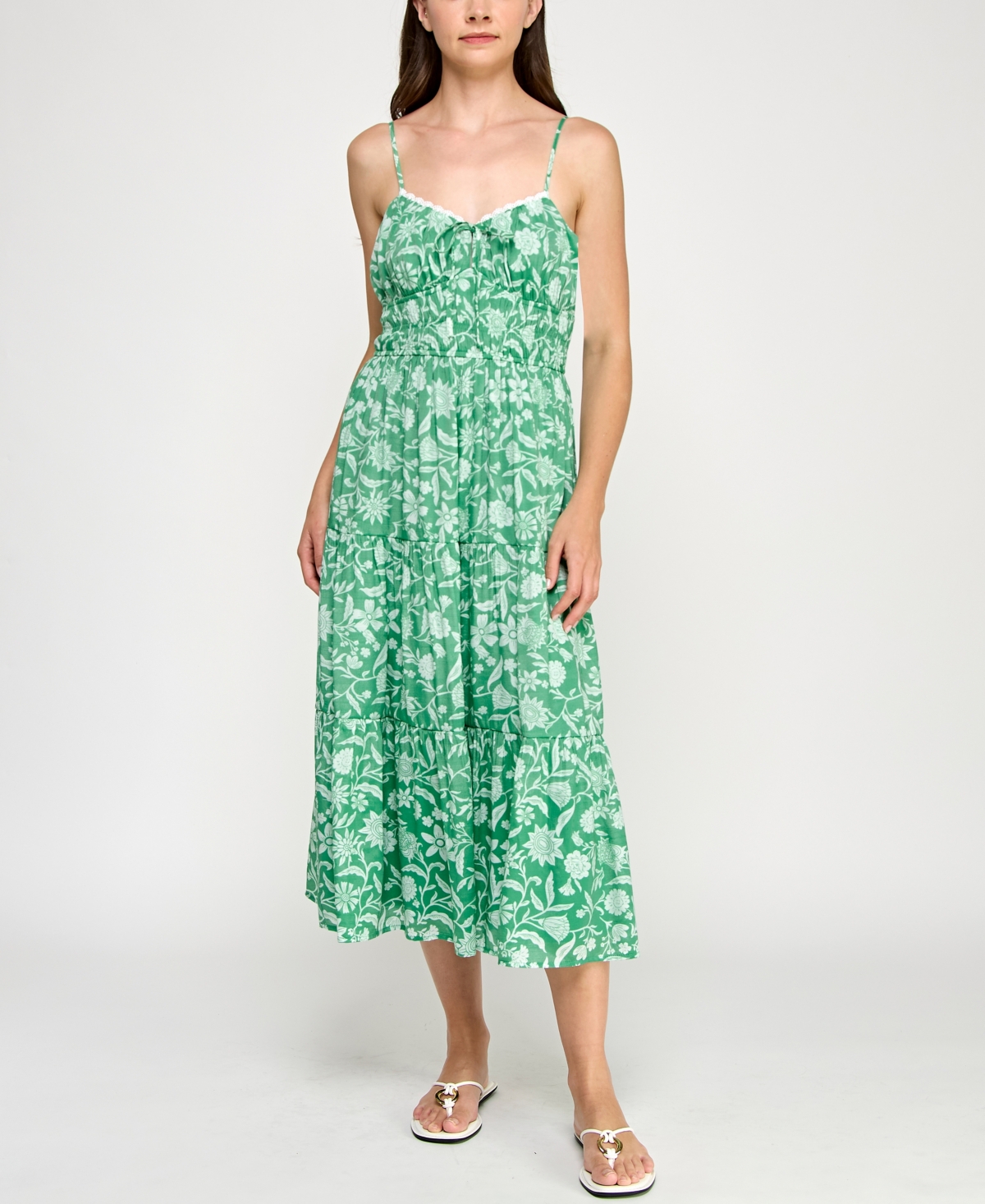 Juniors' Printed Spaghetti-Strap Midi Dress - Kell Green Floral