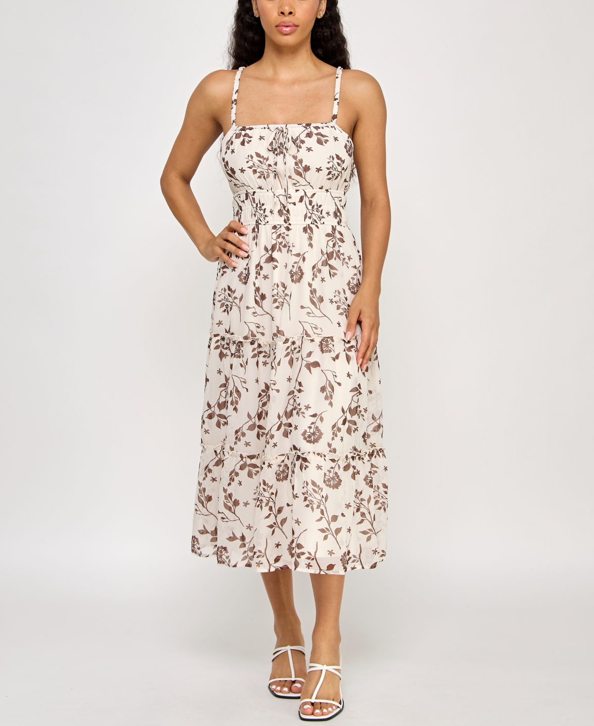 Juniors' Printed Pebble Chiffon Spaghetti-Strap Dress - Off White Floral