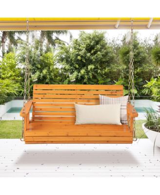 2-Person Porch Swing Chair Wooden Garden Swing Bench w/ Adjustable Chains