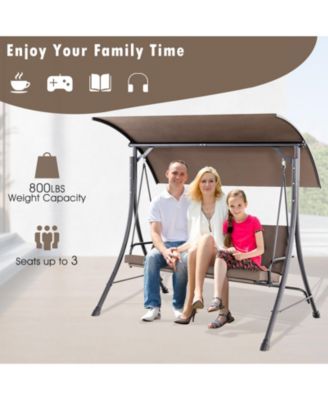 3-Seat Outdoor Porch Swing w/ Adjustable Canopy Thickened Cushions Metal Frame