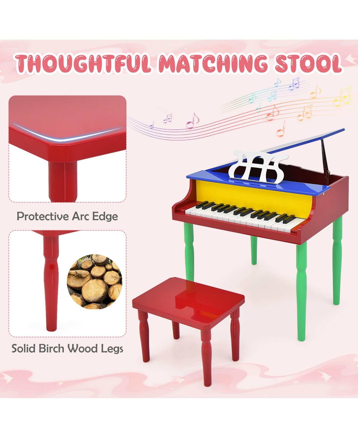Детские игрушки Gymax 30-Key Wood Grand Piano Music 3-Piece Set, Ages 3+, цвет: Синий — фото 5