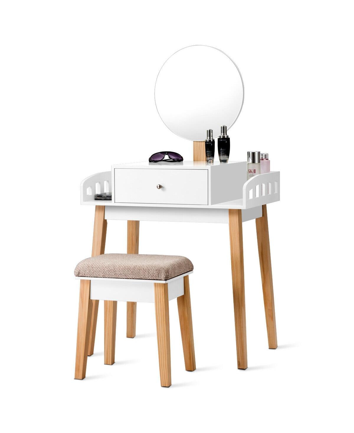 Wooden Makeup Dressing Mirror Table Set with Drawer - White