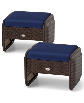2 Pieces Outdoor Patio PE Wicker Ottomans with Removable Cushions Footstools
