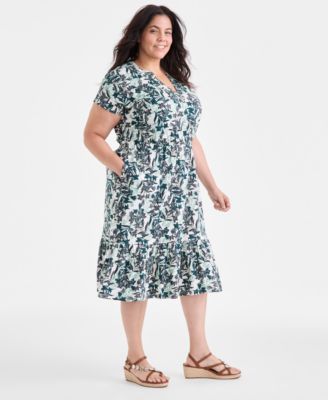 Plus Size Textured Printed V-Neck Midi Dress, Exclusively at Macy's 
