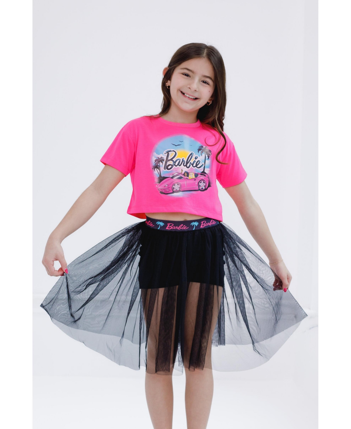 Barbie Toddler Girls Cropped Boxy Drop Shoulder T-Shirt and Mesh Tulle Skort